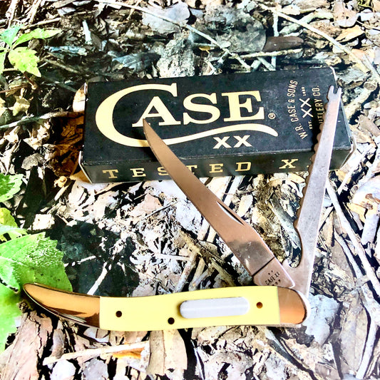 Case XX CA120 Fishing Knife — Yellow Synthetic Handle | Scaling Blade & Hook Disgorger
